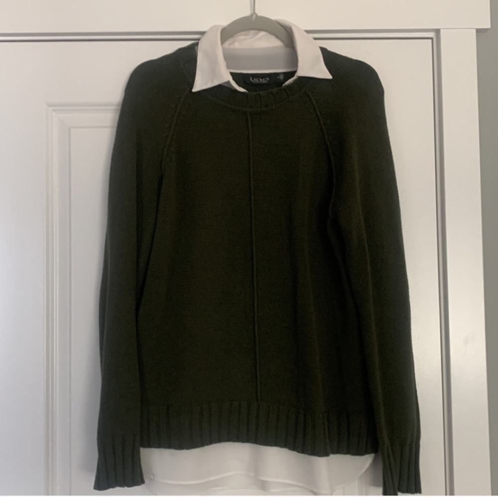 Ralph Lauren Dark Green Crewneck Sweater with White Shirt Layer